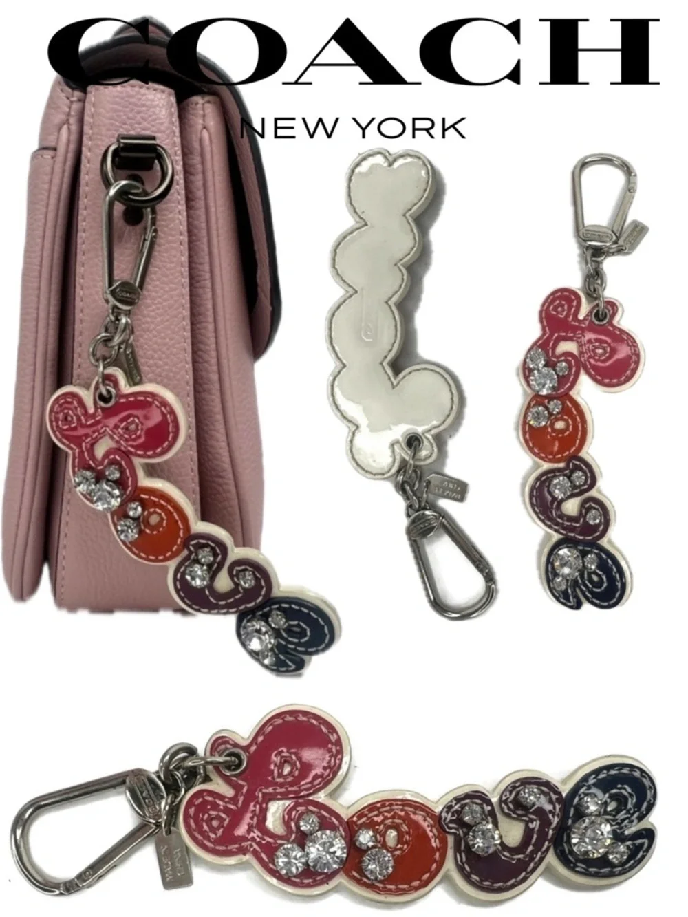COACH Rhinestone Script Pop Love Charm Purse Charm Keychain Key Chain 92750